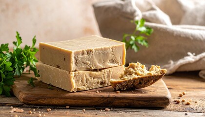 "Earth-toned lounge with wooden daybed, cream cushions, lush potted plants, and natural light"