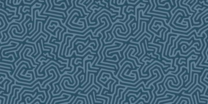 Seamless pattern with abstract maze, labyrinth, organic shapes, quirky fluid lines. Simple blue vector background with biological structures, brain texture, coral. Repeated minimal endless design