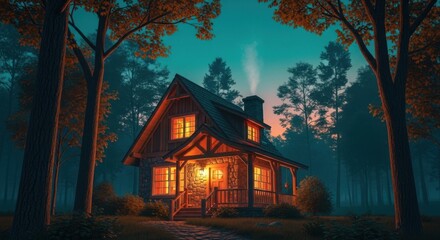 Cozy forest cabin with glowing windows and smoke from chimney