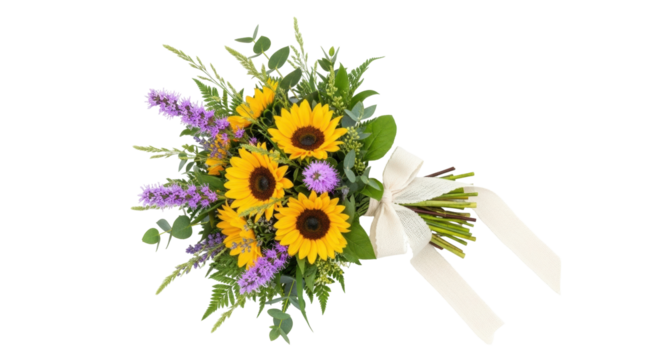 Isolated elegant sunflower bouquet for wedding decoration or gift, no background, floral design
