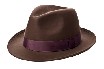 Brown fedora hat with purple ribbon isolated on transparent background