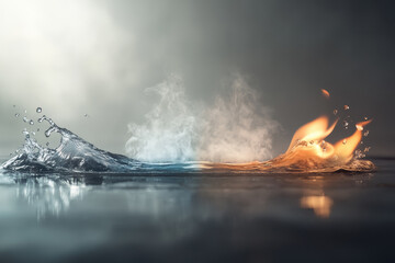 Water wave colliding with burning fire, generating steam and smoke with reflections on the surface, representing opposition, balance, hot, and cold elements