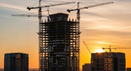 Urban construction progress at vibrant sunset