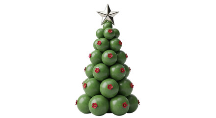 Isolated Christmas tree arrangement of green balls with red flowers and a silver star on top