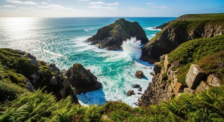 Rugged coastal cliffs with turquoise ocean and crashing waves