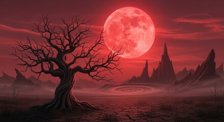Blood Moon over a Desolate Landscape with a Bare Tree