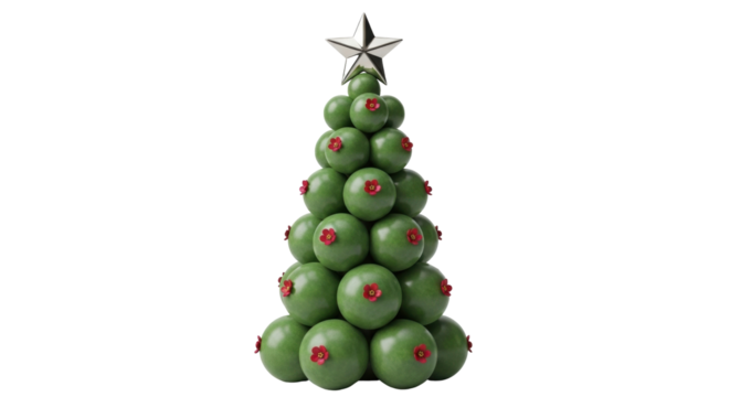 Isolated Christmas tree arrangement of green balls with red flowers and a silver star on top