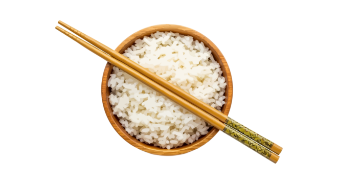 Steaming bowl of white rice with chopsticks, traditional Asian cuisine - Powered by Adobe