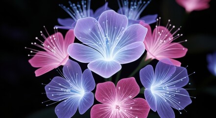 Luminous abstract flowers against dark background