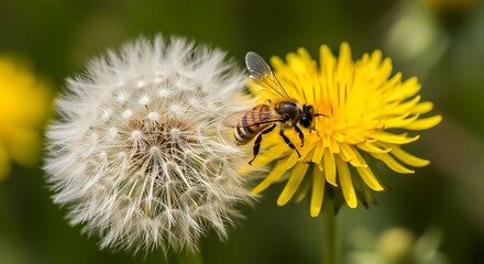 A bee collects nectar from a yellow dandelion flower with a seed head nearby.