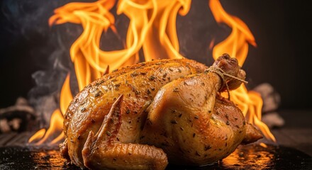 Delicious whole roasted chicken with fiery flames