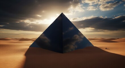 Mysterious Dark Pyramid Reflecting Sky in Desert Dunes