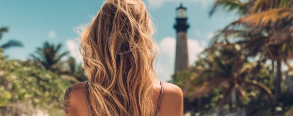 A woman with long hair stands on a beach, gazing at a lighthouse in the distance, surrounded by tropical vegetation under a clear blue sky.