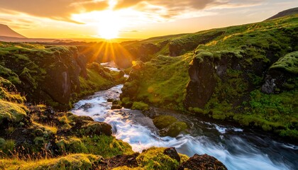 Verdant ravine with a river flows under bright sunset, landscape photography