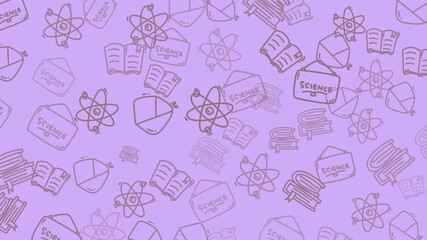 A repeating pattern of hand-drawn science icons like atoms, books, and science signs on a pastel purple background - Powered by Adobe