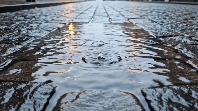 A detailed view of rain droplets splash into puddles on a rain-soaked cobblestone surface, highlighting reflections and textured patterns during rainy weather.