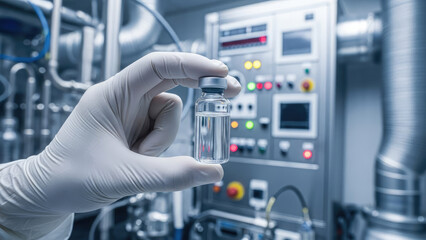 Gloved hand presents vital vaccine vial in sterile lab setting ready for testing, medical breakthrough, scientific advancement and healthcare progress