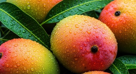 Fresh vibrant mangoes with refreshing water droplets and green leaves