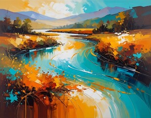 A vibrant waterway flows through a landscape of gold, teal and browns toward a hazy mountain range
