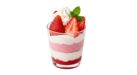 Isolated strawberry trifle in clear glass with cream, layered dessert with fresh fruit