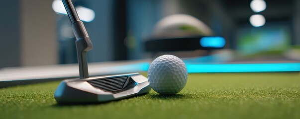 A close-up view of a golf putter and a golf ball on a green surface, illuminated by modern lighting, emphasizing a sporty and sophisticated atmosphere.
