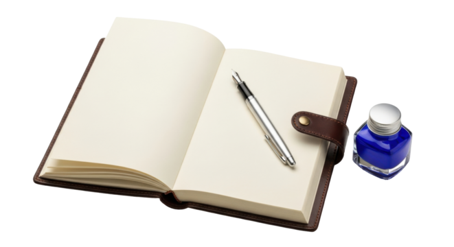 Isolated notebook with pen and ink bottle for writing journaling ideas, lifestyle