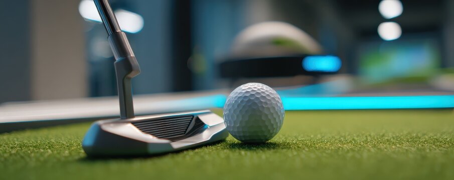 A close-up view of a golf putter and a golf ball on a green surface, illuminated by modern lighting, emphasizing a sporty and sophisticated atmosphere.