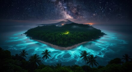 Bioluminescent Ocean Glows Around Tropical Island Under Milky Way