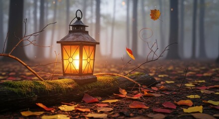 Enchanting Lantern in a Misty Autumn Forest with Fall Leaves