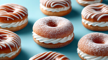 Cream-filled donuts on blue background - sweet bakery dessert concept, appetizing minimal food background