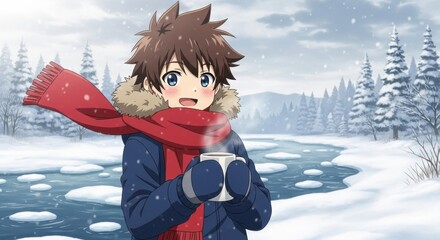 Cozy anime boy holding a warm drink in winter snow scene