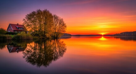 Vibrant Autumn Sunset Reflection Lake House Trees