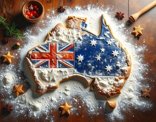 Australia-shaped dessert with flag, dusted in flour with spices on a wooden table viewed from above