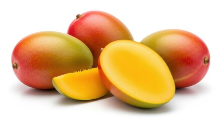 Fresh ripe mangoes whole and sliced on white background
