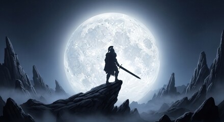 Warrior Silhouette on Mountain Peak Under Giant Full Moon