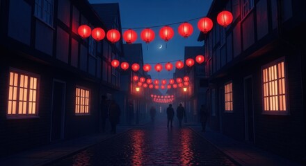 Night street adorned with glowing red lanterns and moon