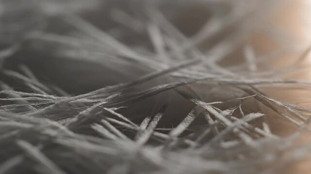Intricate abstract macro texture of white fibers. Delicate, brittle strands form a complex pattern, evoking microscopic structures, raw industrial materials, and fragile compositions