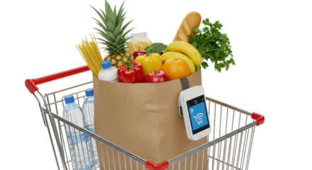 Overflowing brown grocery bag with produce and essentials in metallic cart. Smart device scans contents on blurred white studio background, high-tech digital retail experience