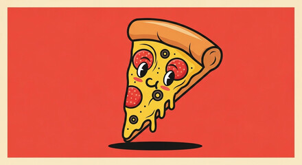 Cartoon slice of pizza with cute face on red background