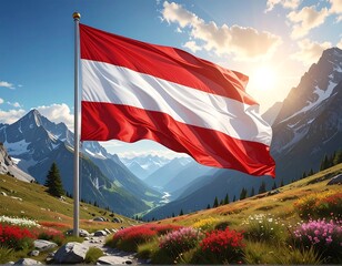Austrian flag waving proudly against a beautiful Alpine mountain range with a bright sunlit sky
