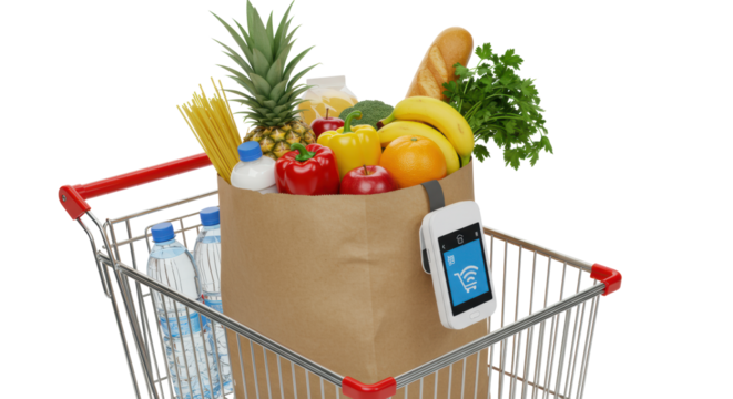 Overflowing brown grocery bag with produce and essentials in metallic cart. Smart device scans contents on blurred white studio background, high-tech digital retail experience