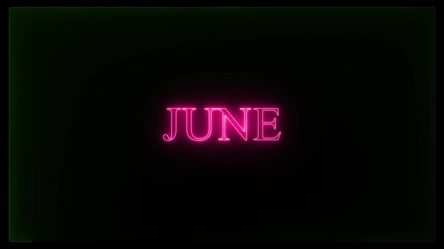 glowing text month  June Word June neon glowing  Neon month name  June text sign border frame display neon box movement screen shape  footage retro line..