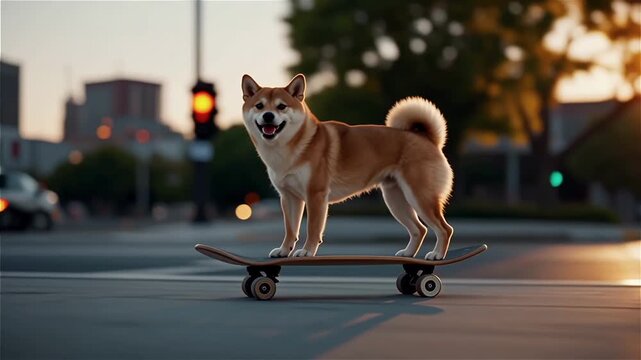 Shiba Inu dog doing a skateboard trick on a city street at sunset.
With motion blur and bokeh background.