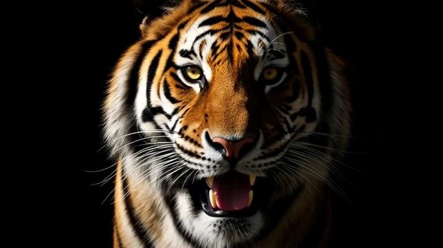 Bengal tiger roars fiercely in the darkness, displaying its powerful teeth and intense gaze in a dramatic and captivating portrait.