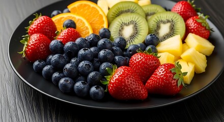 Obraz premium Fresh fruit medley arranged on a dark plate for a healthy snack.