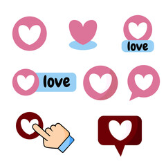 Vector set of love buttons in various styles, ideal for apps, UI design, stickers, and social media graphics.
