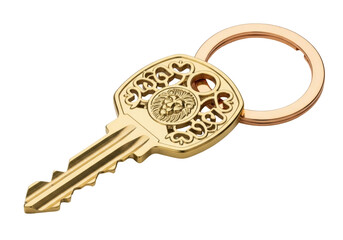 Isolated key with a lion image on gold metal and attached keychain ring for security