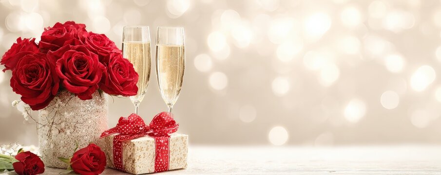 A romantic arrangement featuring red roses, champagne glasses, and beautifully wrapped gifts, set against a soft, sparkling background.