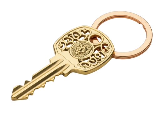 Isolated key with a lion image on gold metal and attached keychain ring for security