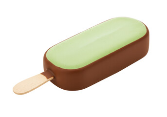 Isolated rectangular green popsicle with chocolate shell and wooden stick on no background